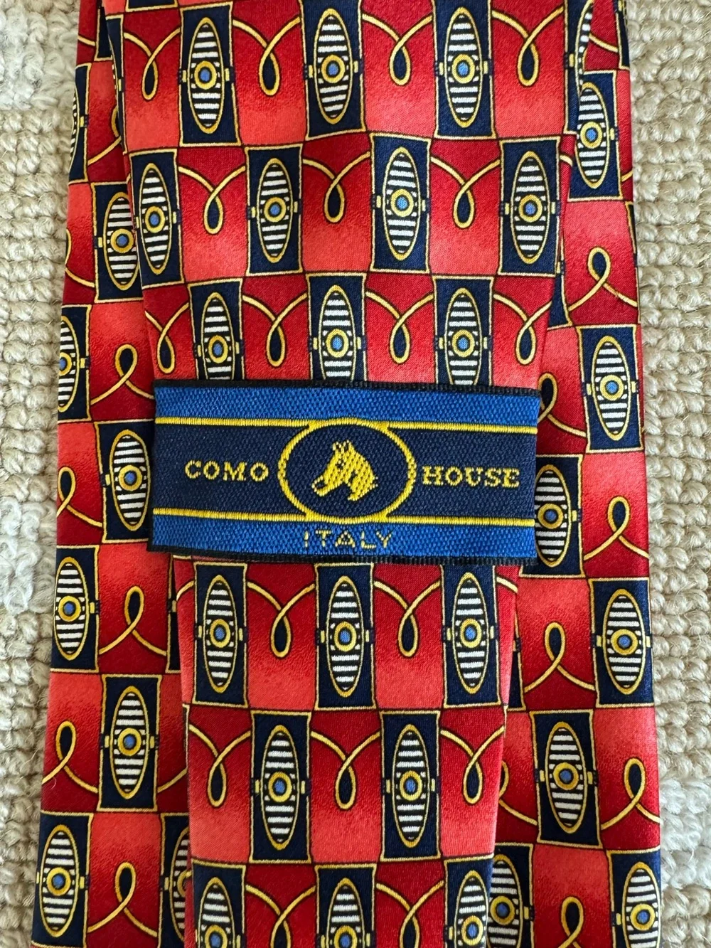 Como House Italy Vintage 100% Silk Tie Geometric Print Necktie Red Navy Gold